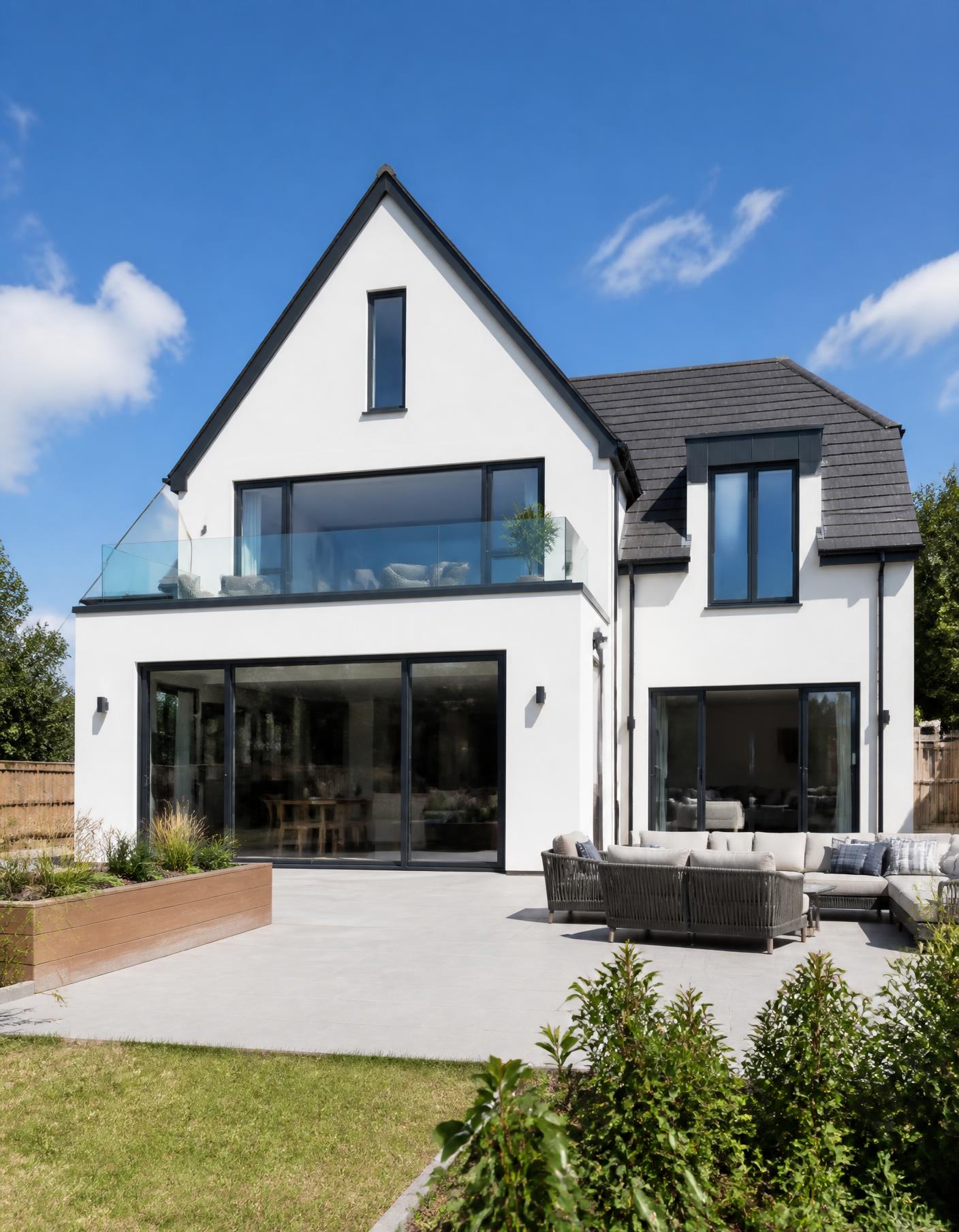 Modern white rendered house with a new dark grey roof