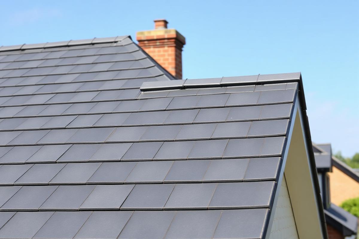 New dark grey tiled roof after replacement